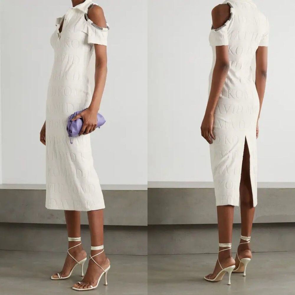David Koma Crystal Embellished DK Intarsia Terry Logo Midi Dress White Size US 6